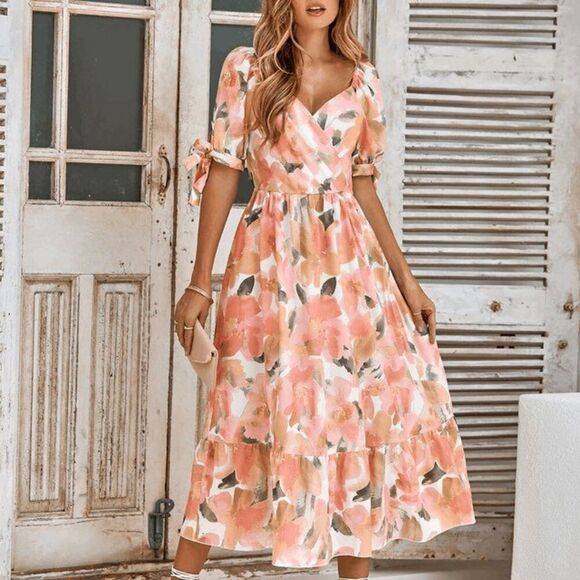Women's Floral V-Neck Bubble Sleeve Midi Dress S 2066-D5 - Picture 1 of 8